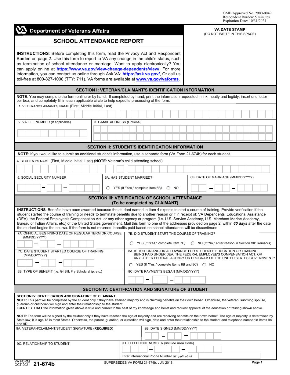 VA Form 21-674B Download Fillable PDF or Fill Online School Attendance ...