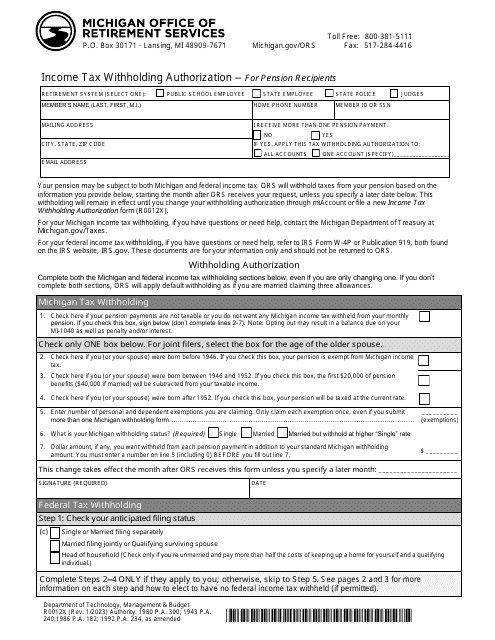 Form R0012X Income Tax Withholding Authorization for Pension Recipients - Michigan
