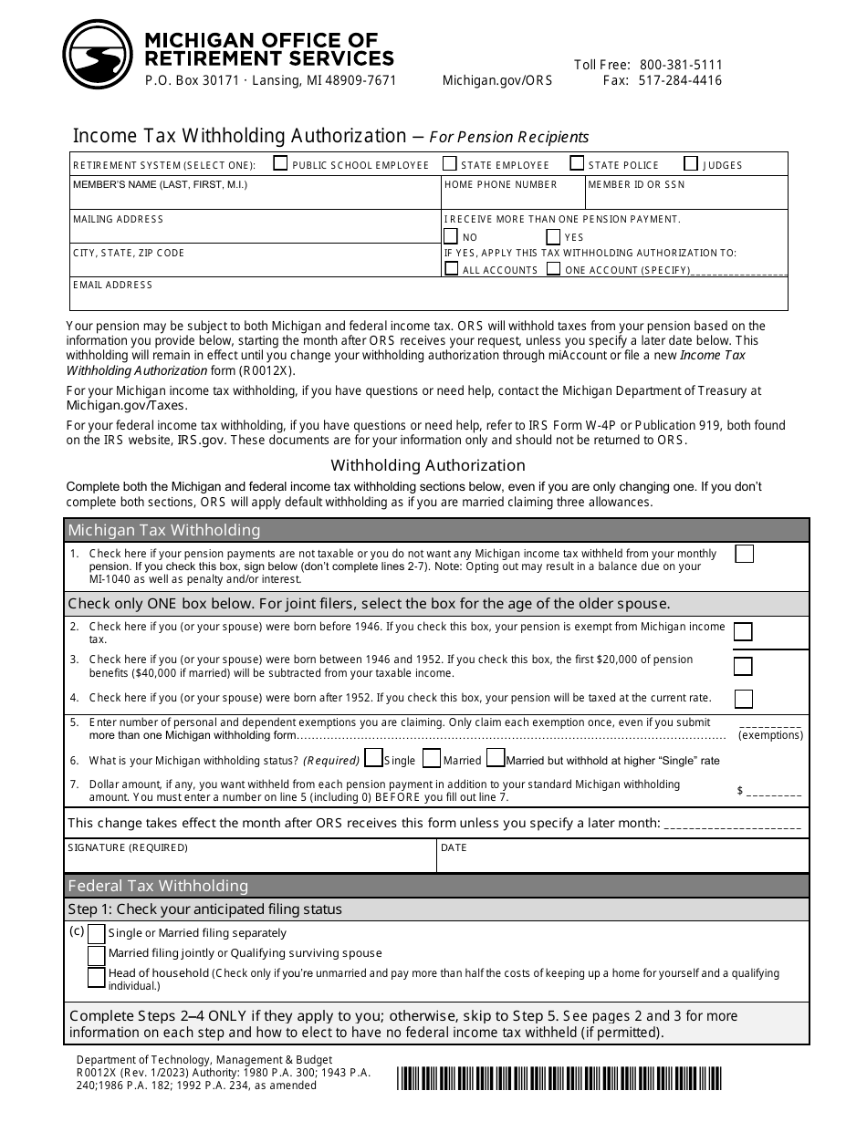 Form R0012X Income Tax Withholding Authorization for Pension Recipients - Michigan, Page 1