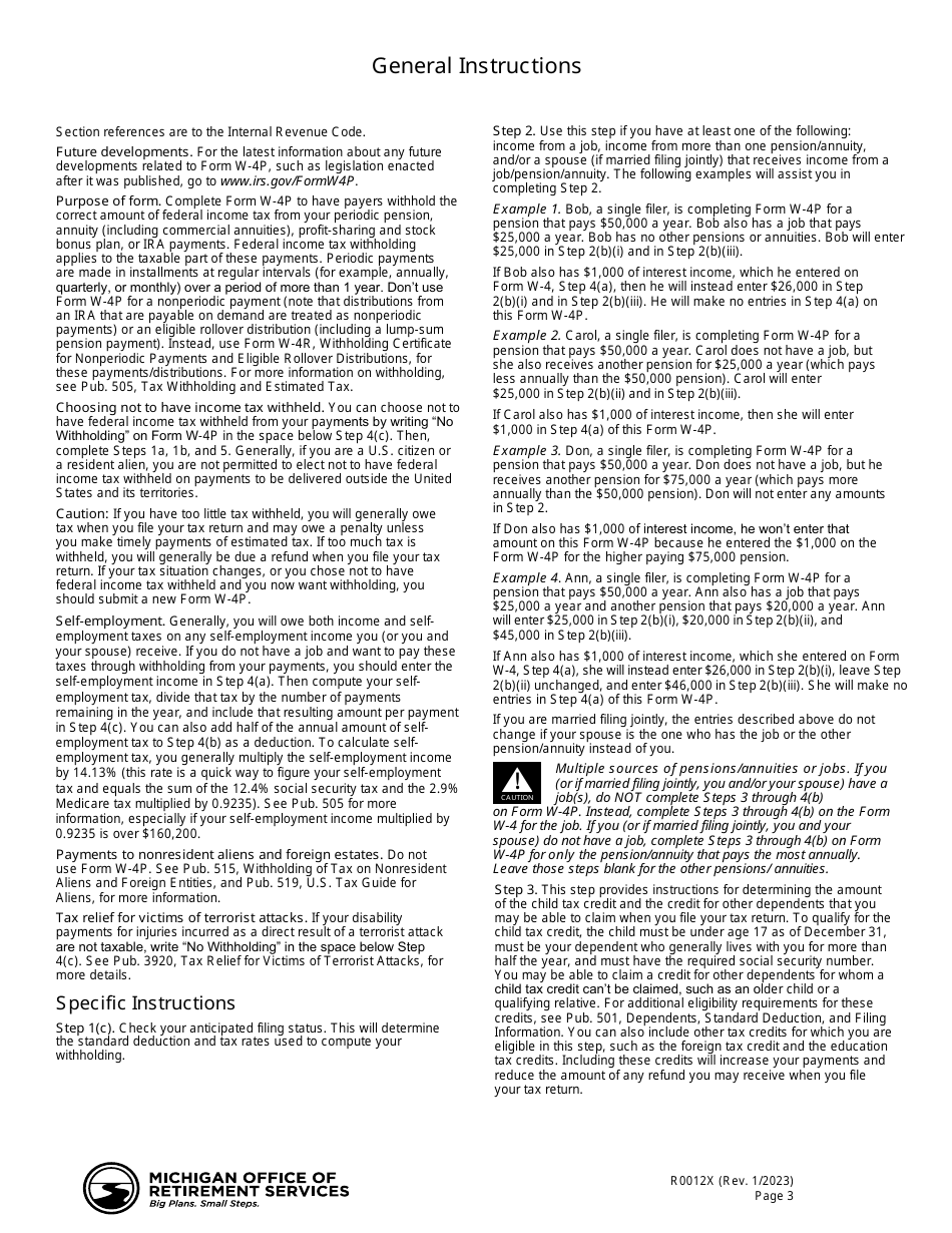 Form R0012X Income Tax Withholding Authorization for Pension Recipients - Michigan, Page 3