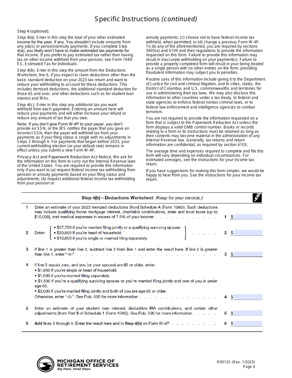 Form R0012X Income Tax Withholding Authorization for Pension Recipients - Michigan, Page 4