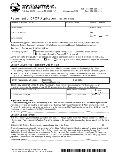 Form R0732H Retirement or Drop Application for State Police - Michigan