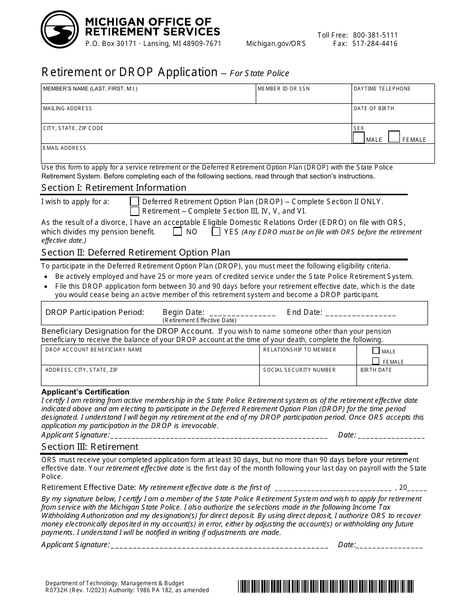 Form R0732H Retirement or Drop Application for State Police - Michigan, Page 1