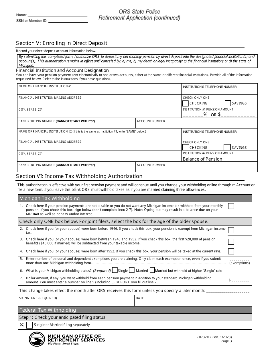 Form R0732H Retirement or Drop Application for State Police - Michigan, Page 3