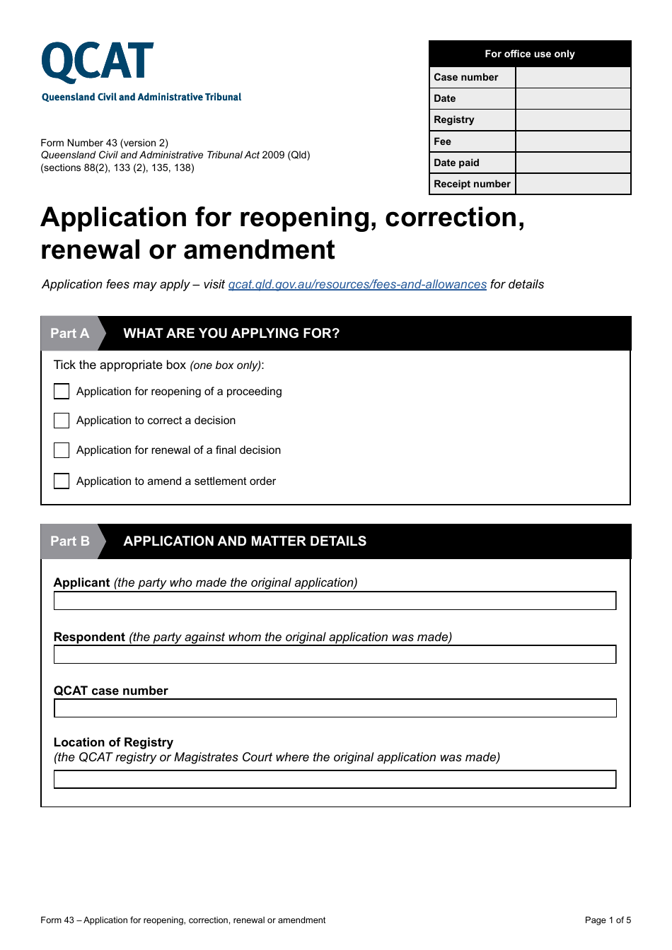 Form 43 Application for Reopening, Correction, Renewal or Amendment - Queensland, Australia, Page 1