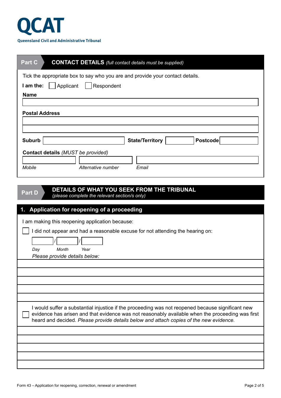 Form 43 Application for Reopening, Correction, Renewal or Amendment - Queensland, Australia, Page 2
