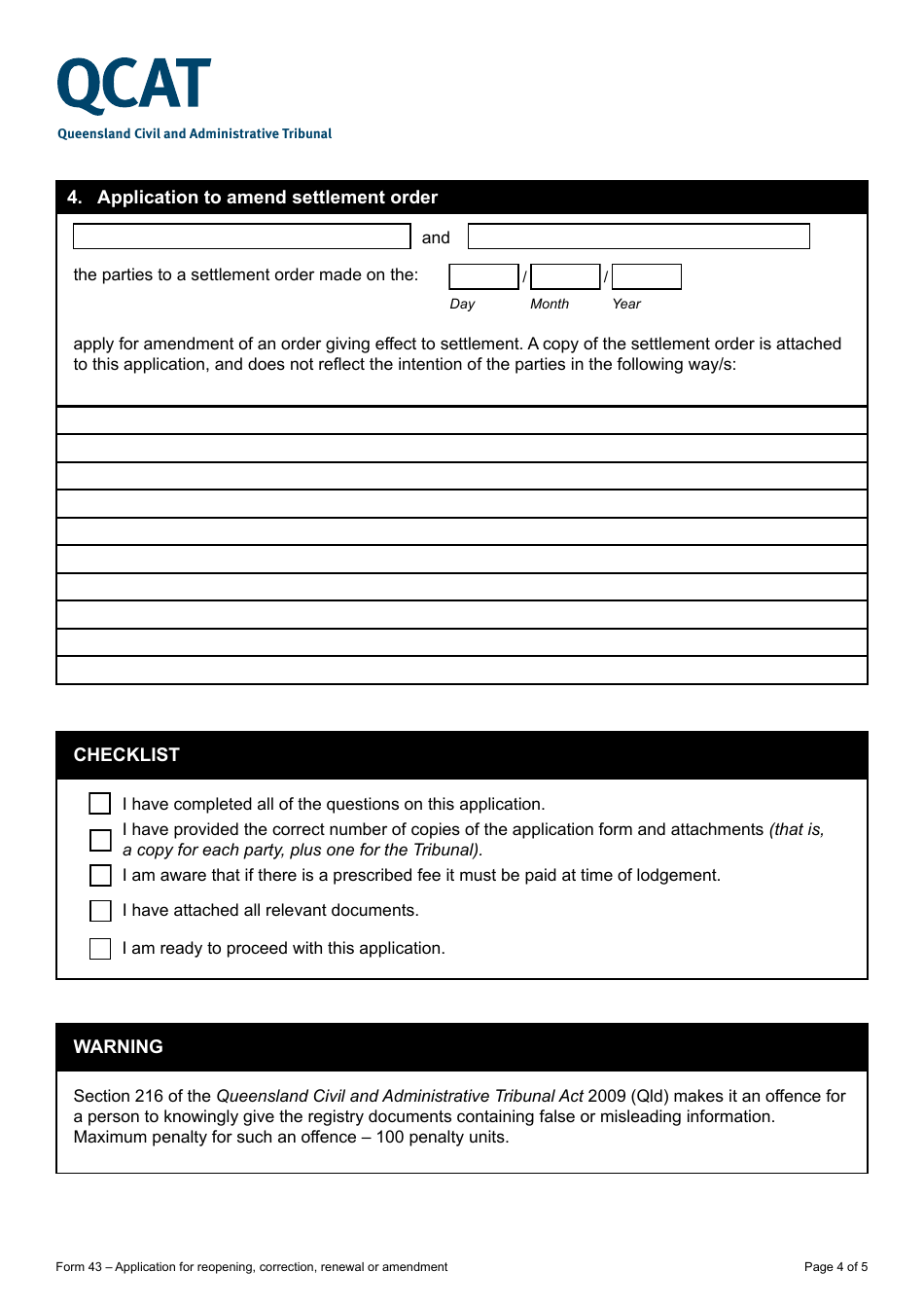 Form 43 Application for Reopening, Correction, Renewal or Amendment - Queensland, Australia, Page 4