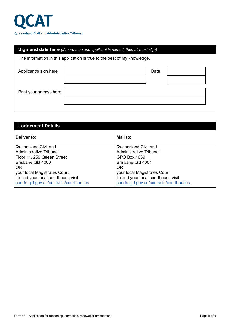 Form 43 Application for Reopening, Correction, Renewal or Amendment - Queensland, Australia, Page 5