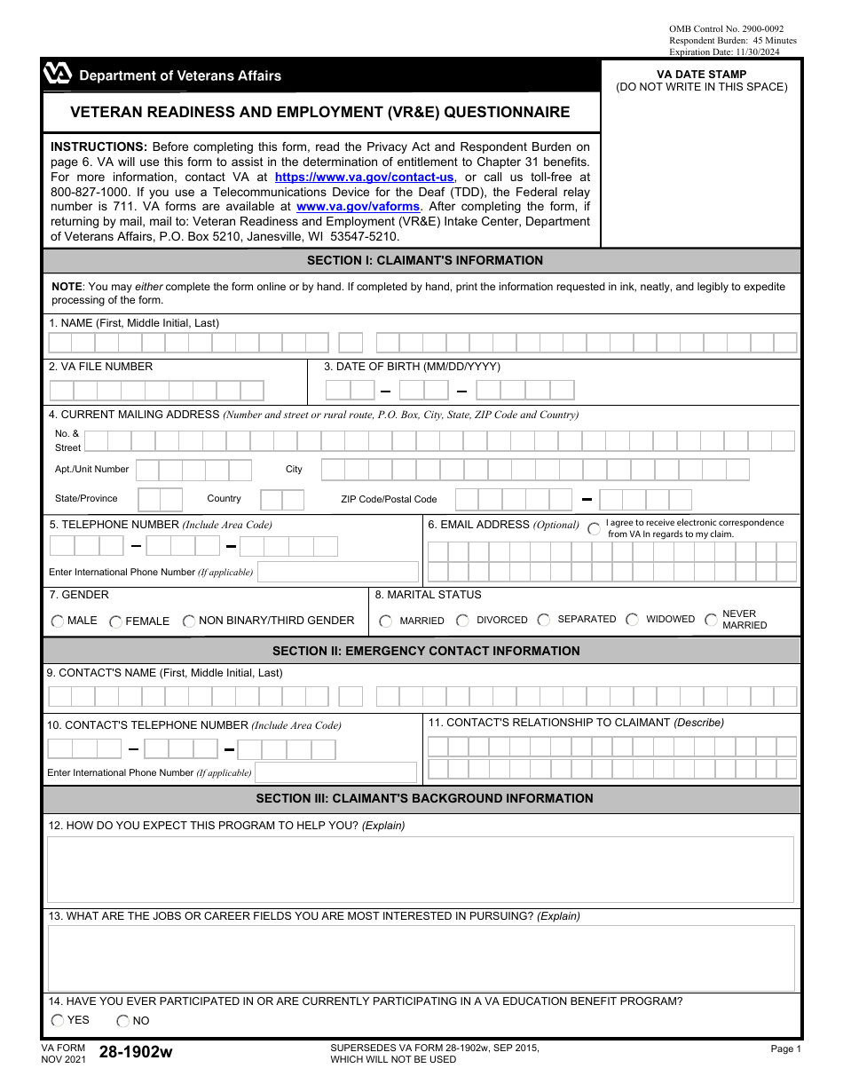 VA Form 28-1902W Veteran Readiness and Employment (Vre) Questionnaire, Page 1