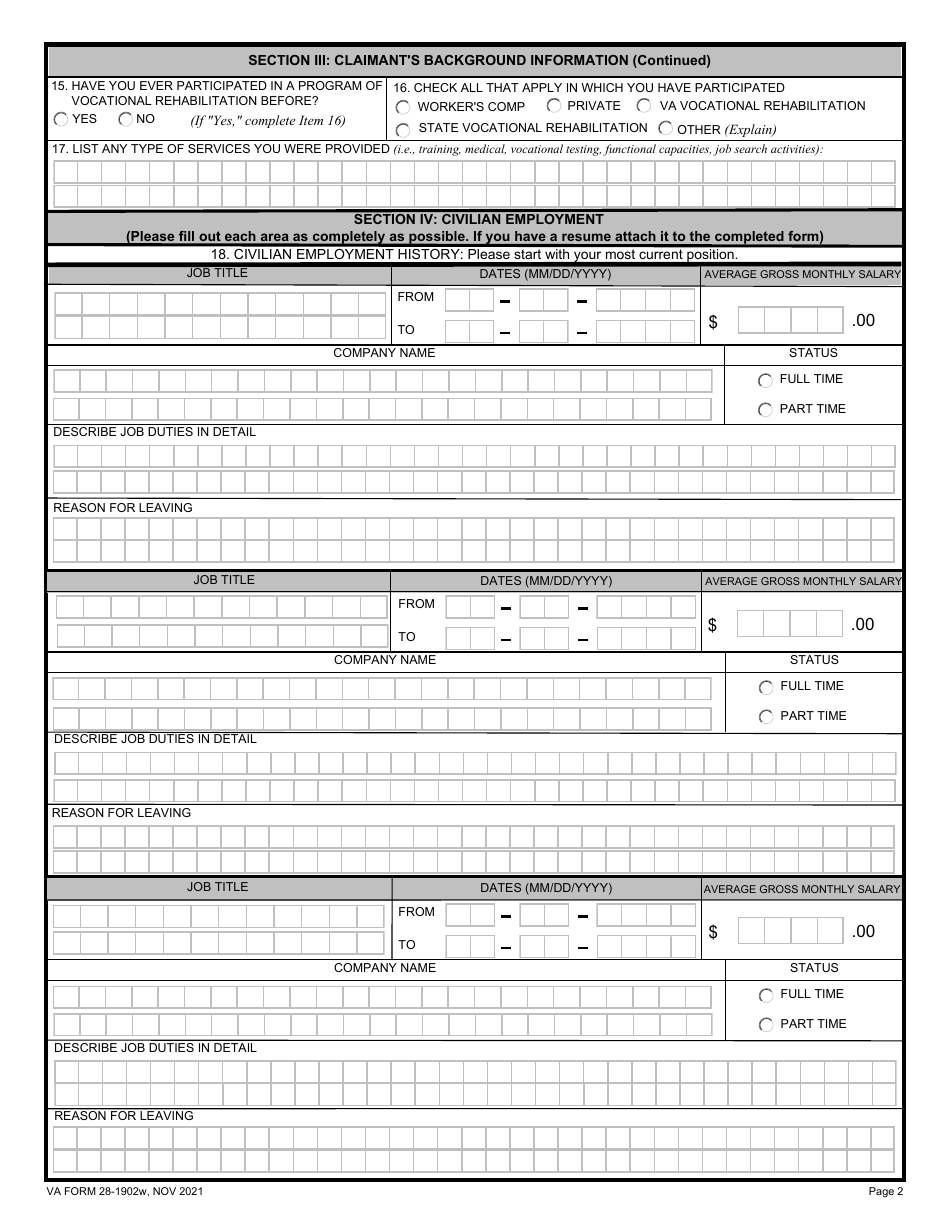 VA Form 28-1902W Veteran Readiness and Employment (Vre) Questionnaire, Page 2