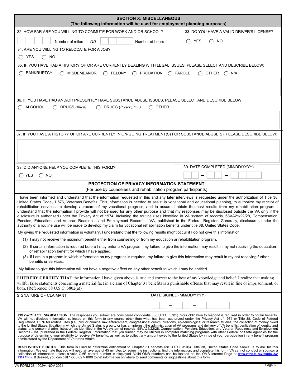 VA Form 28-1902W Veteran Readiness and Employment (Vre) Questionnaire, Page 6