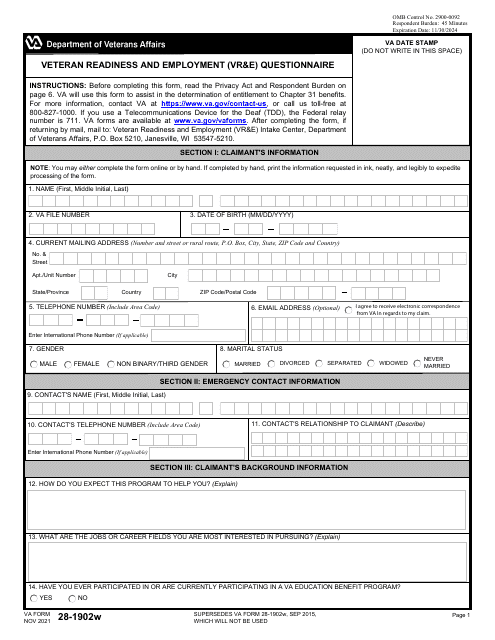 VA Form 28-1902W Veteran Readiness and Employment (Vr&e) Questionnaire