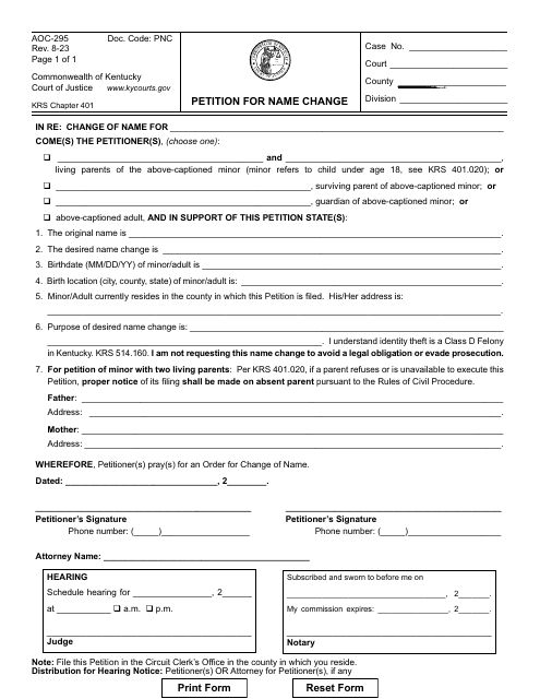 Form AOC-295 Petition for Name Change - Kentucky