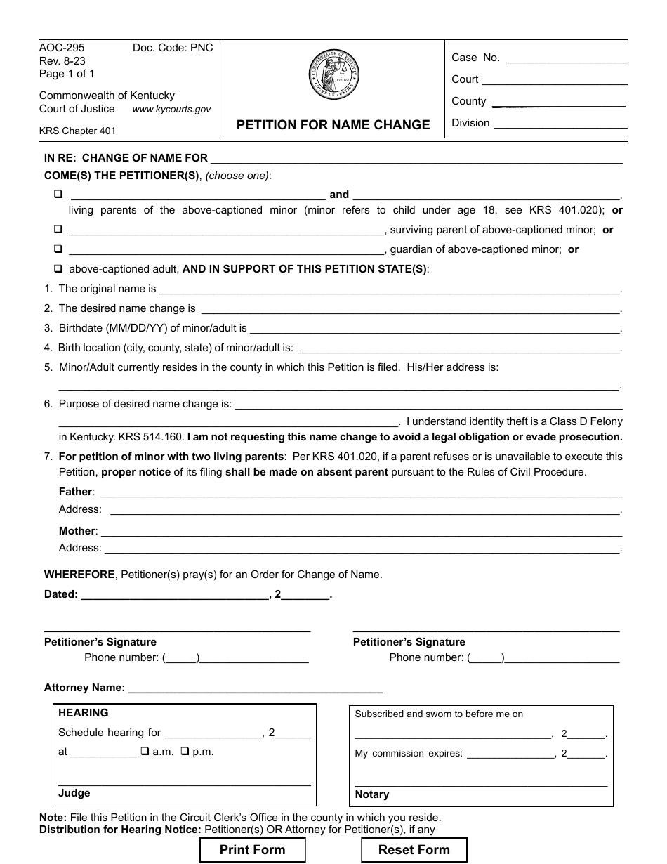 Form AOC-295 Petition for Name Change - Kentucky, Page 1