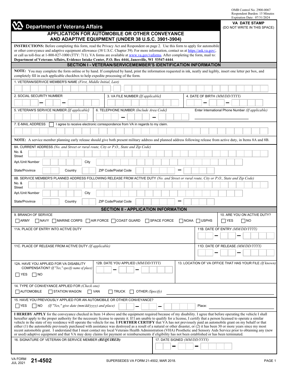 VA Form 21-4502 Application for Automobile or Other Conveyance and Adaptive Equipment (Under 38 U.s.c. 3901-3904), Page 1