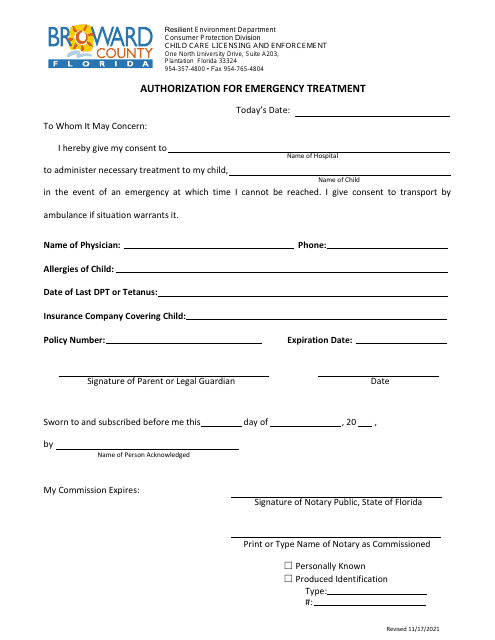 Authorization for Emergency Treatment - Broward County, Florida Download Pdf