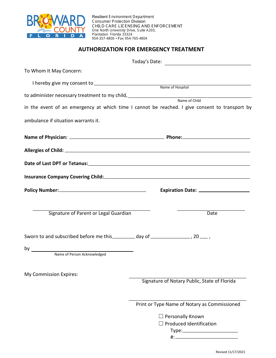 Authorization for Emergency Treatment - Broward County, Florida, Page 1