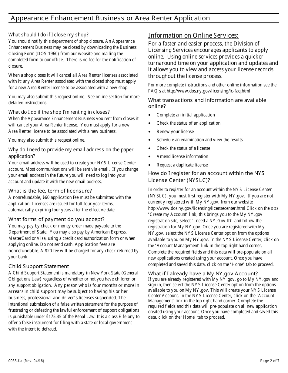 Form DOS0035-F-A Appearance Enhancement Business or Area Renter Application - New York, Page 2