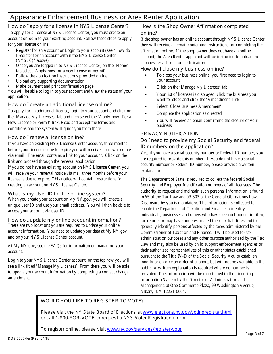 Form DOS0035FA Fill Out, Sign Online and Download Fillable PDF, New