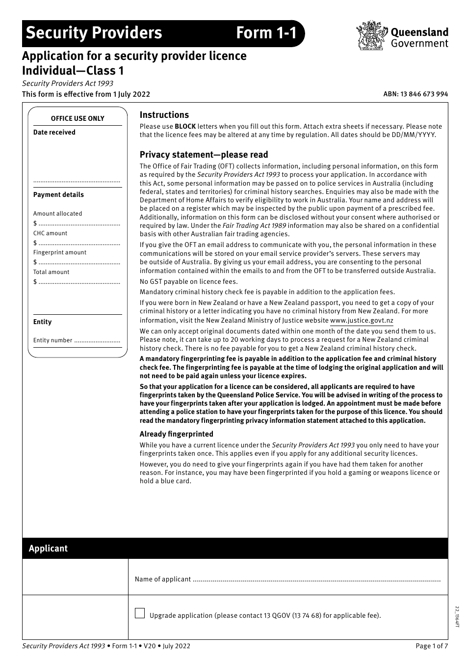 Form 1-1 Application for a Security Provider Licence Individual - Class 1 - Queensland, Australia, Page 1