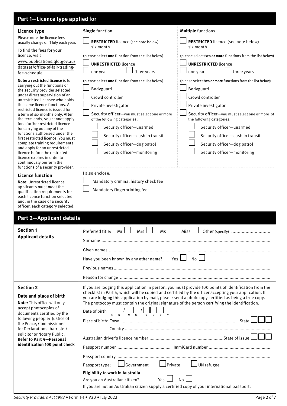 Form 1-1 Application for a Security Provider Licence Individual - Class 1 - Queensland, Australia, Page 2