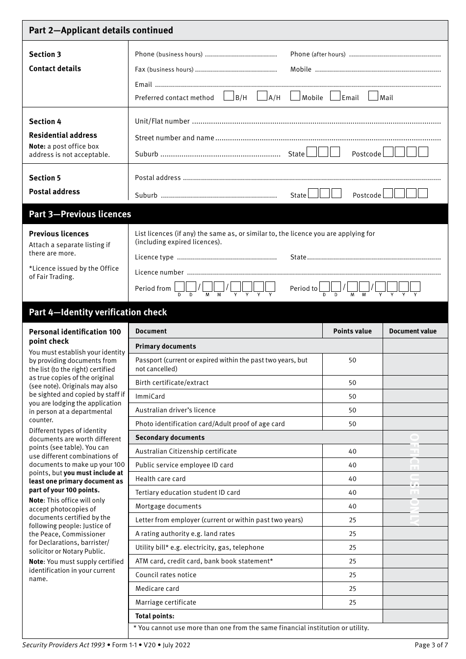 Form 1-1 Application for a Security Provider Licence Individual - Class 1 - Queensland, Australia, Page 3