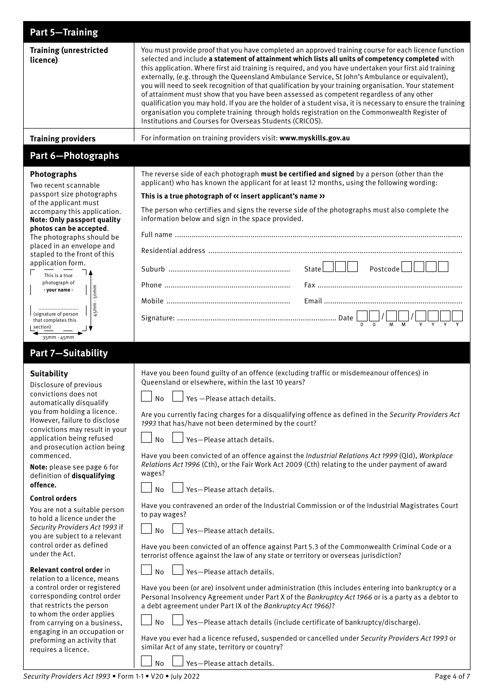 Form 1-1 Application for a Security Provider Licence Individual - Class 1 - Queensland, Australia, Page 4