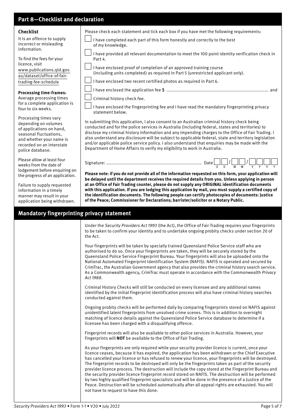 Form 1-1 Application for a Security Provider Licence Individual - Class 1 - Queensland, Australia, Page 5