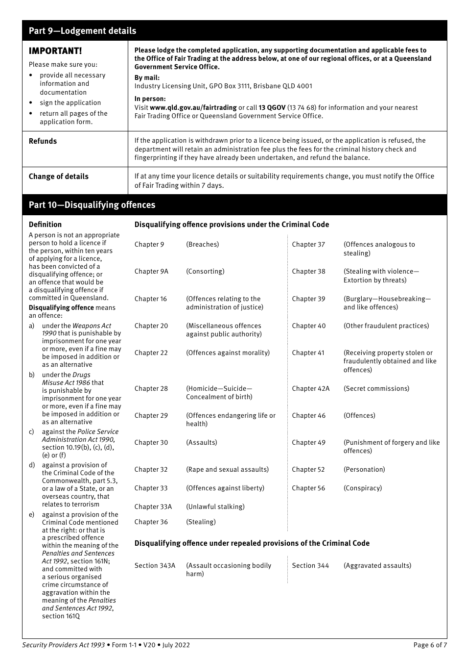 Form 1-1 Application for a Security Provider Licence Individual - Class 1 - Queensland, Australia, Page 6