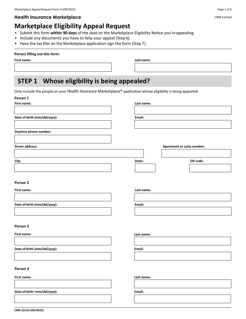 Form A (CMS-12153) Marketplace Eligibility Appeal Request, Page 1