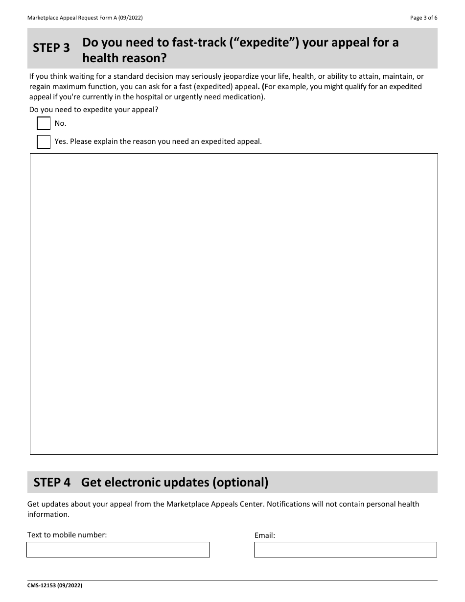 Form A (CMS-12153) Marketplace Eligibility Appeal Request, Page 3
