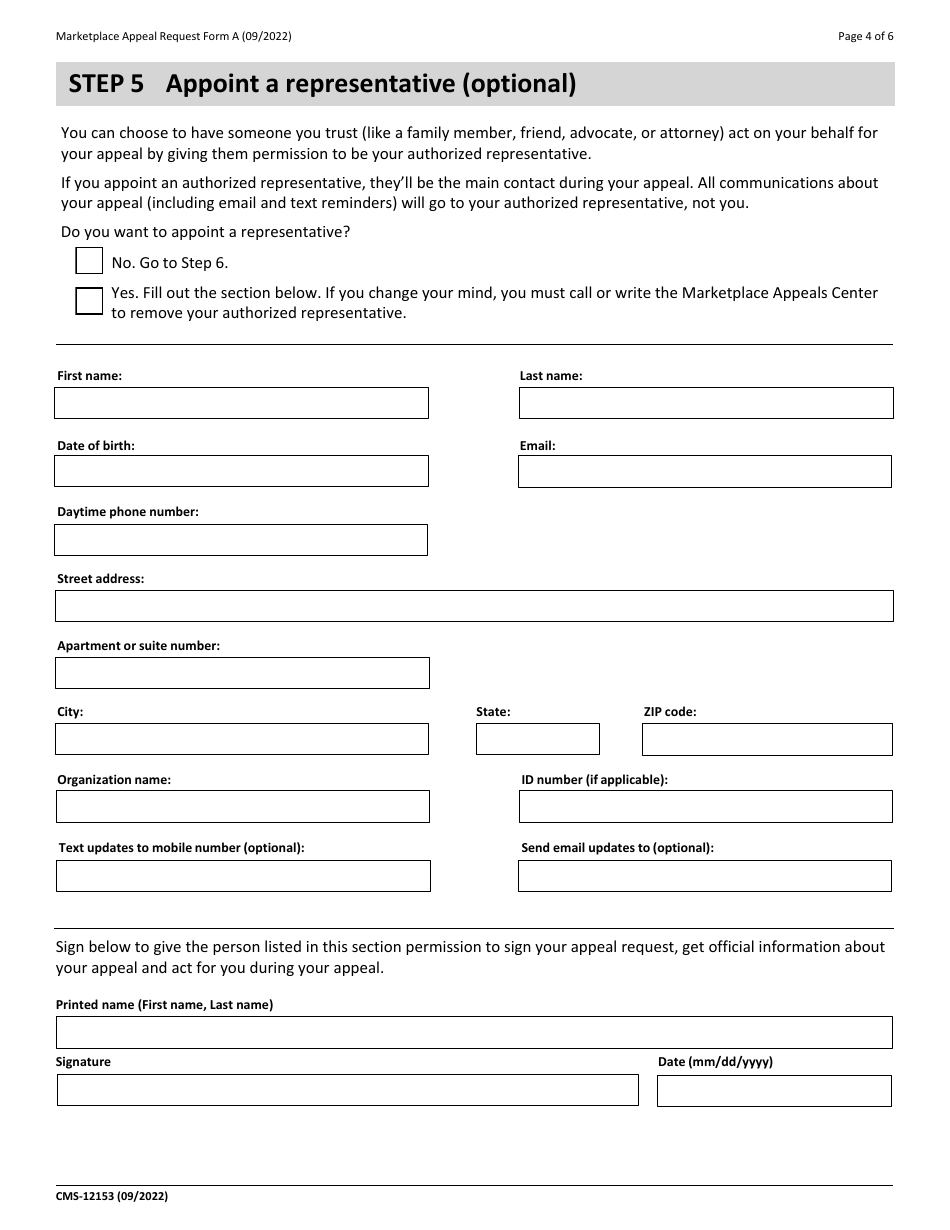 Form A (CMS-12153) Marketplace Eligibility Appeal Request, Page 4