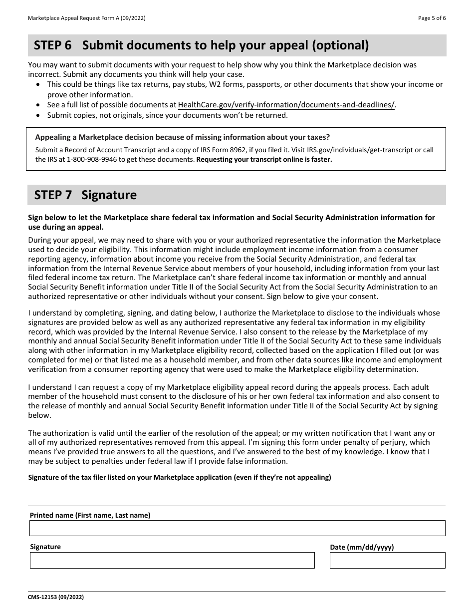 Form A (CMS-12153) Marketplace Eligibility Appeal Request, Page 5