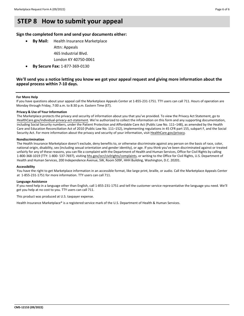 Form A (CMS-12153) Marketplace Eligibility Appeal Request, Page 6