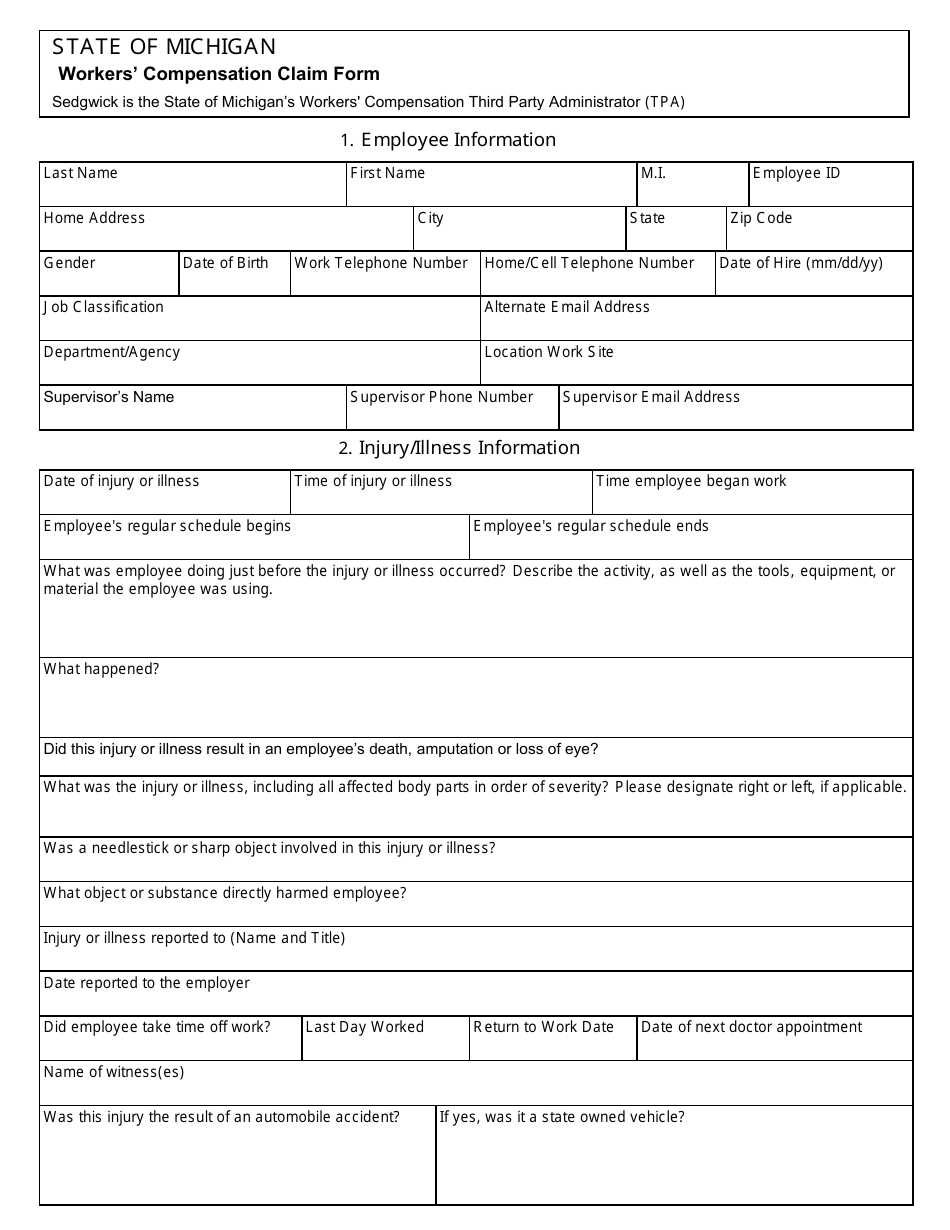 Workers Compensation Claim Form - Michigan, Page 1