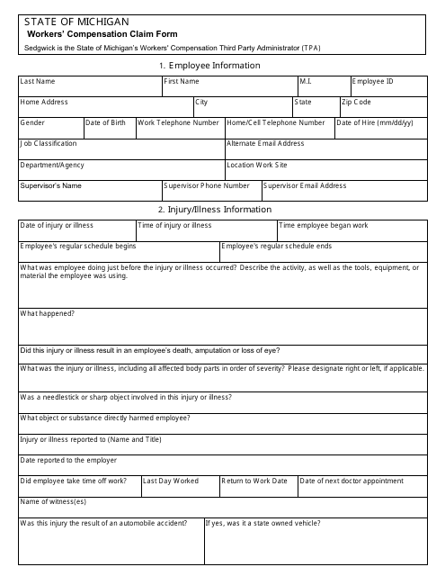 Workers' Compensation Claim Form - Michigan Download Pdf