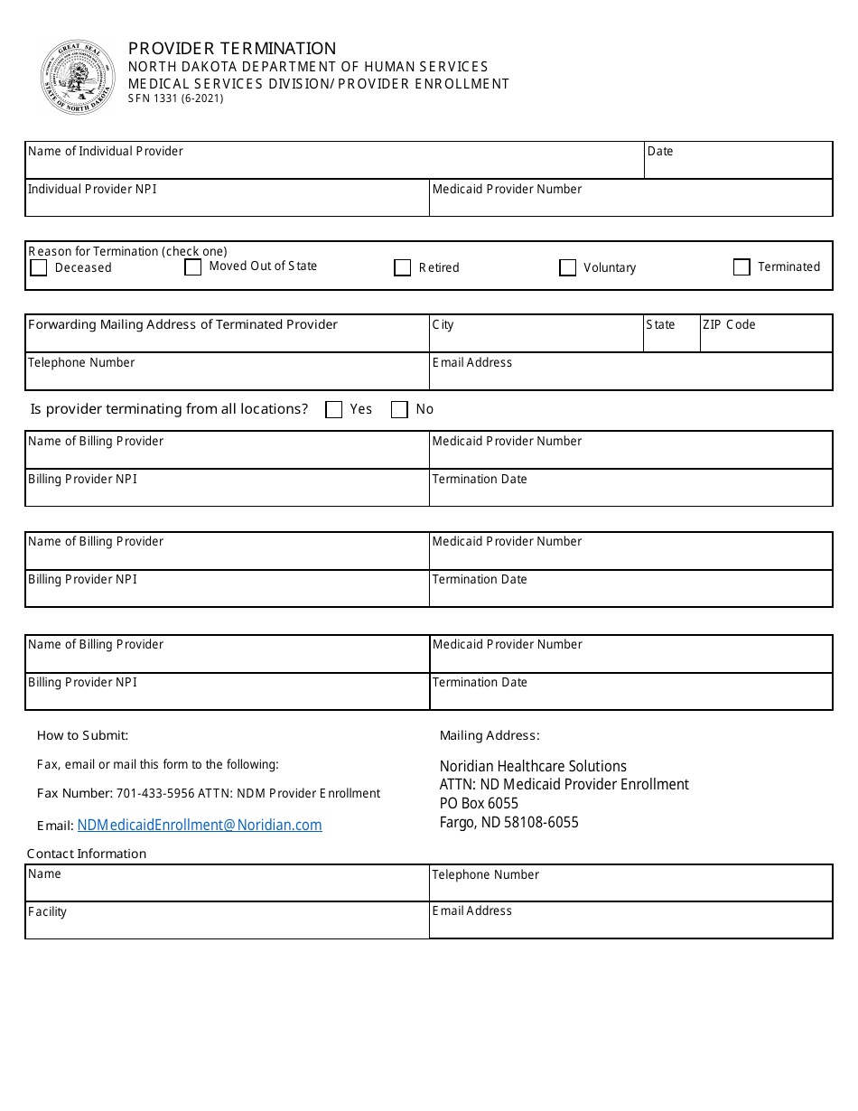 Form SFN1331 Provider Termination - North Dakota, Page 1