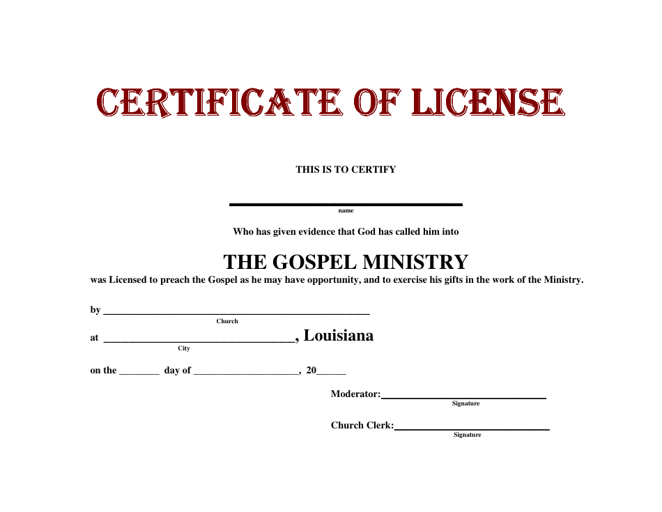 The Gospel Ministry License Certificate template - Louisiana