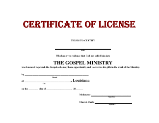 Document preview: The Gospel Ministry License Certificate Template - Louisiana