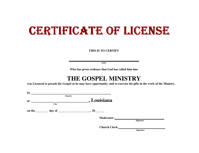 The Gospel Ministry License Certificate template - Louisiana