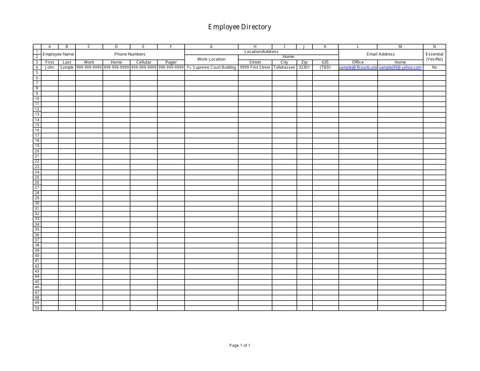 Employee Directory Spreadsheet Template, Page 1