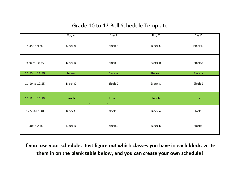 Grade 10 to 12 Bell Schedule Template - Preview Image