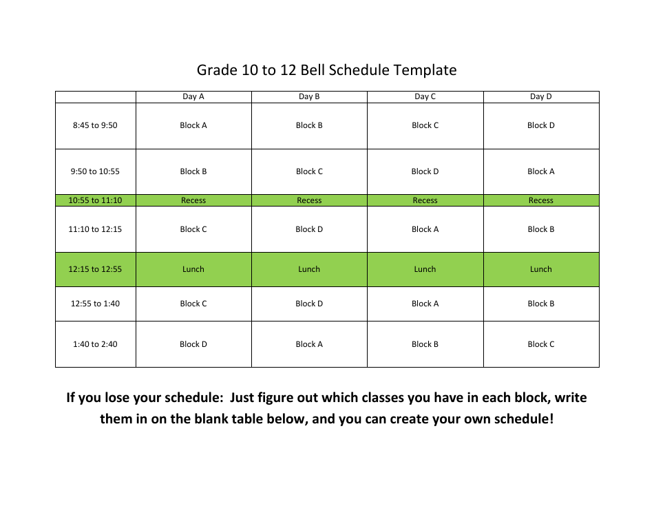 Grade 10 to 12 Bell Schedule Template - Preview Image