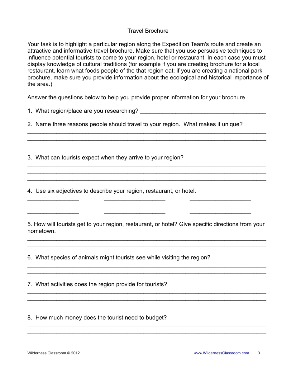 Travel Brochure Worksheet Template - Geography Language Arts Download 