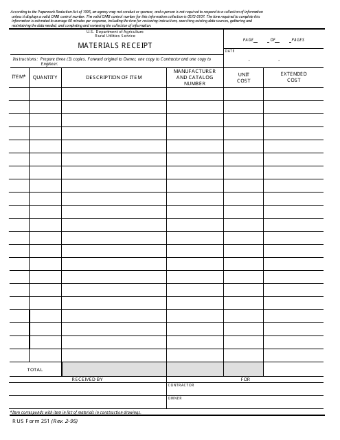 RUS Form 251 Materials Receipt