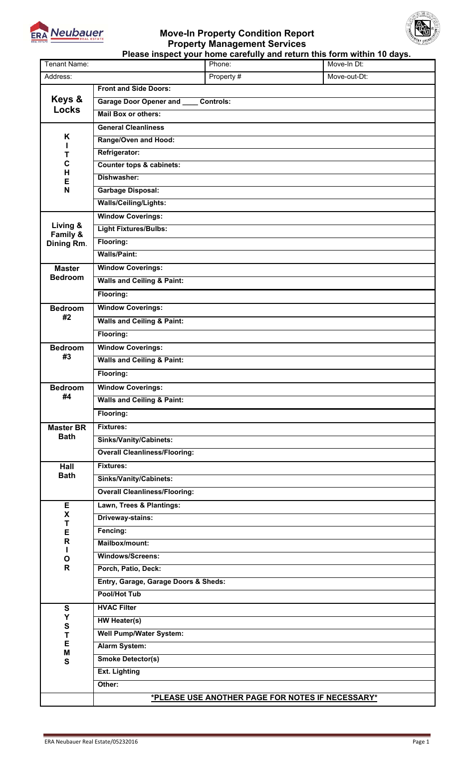 Move-In Property Condition Report Template - Neubauer, Page 1
