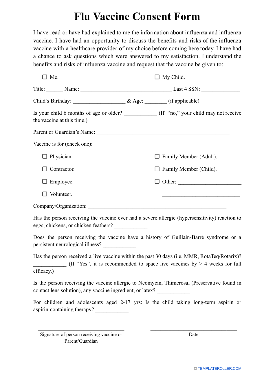 Flu Vaccine Consent Form, Page 1