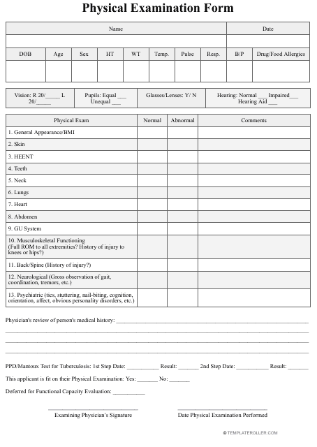 Physical Examination Form - Table