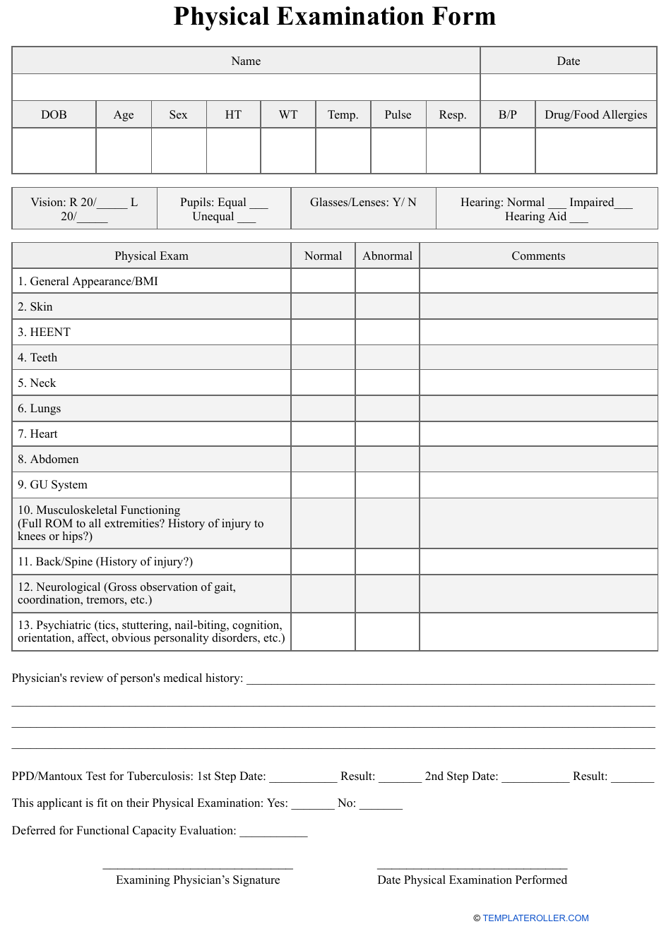 Physical Examination Form - Table Download Printable PDF | Templateroller