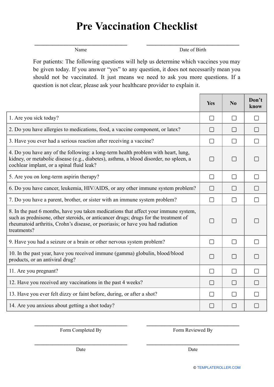 Prevaccination Checklist - Template Image